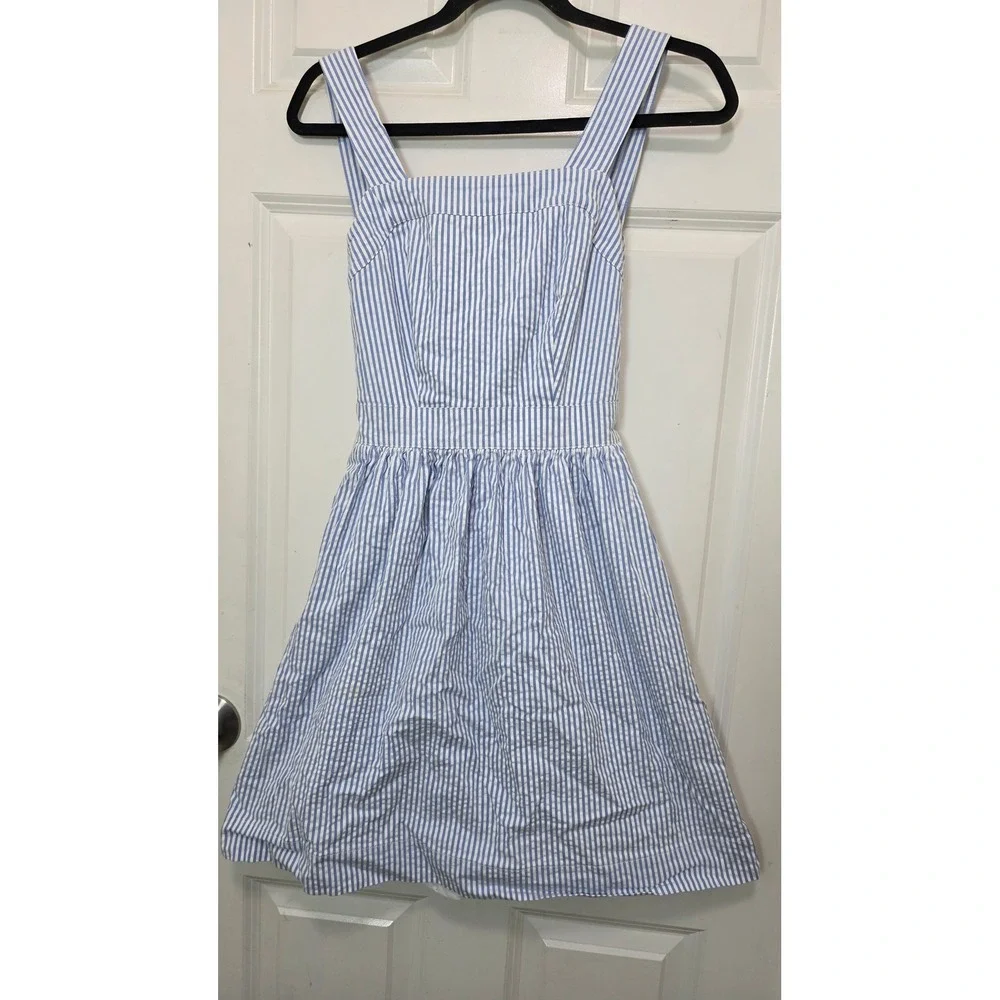 J.Crew Seersucker Dress Womens XXS Blue White Striped Tie Back Cutout Pockets - Picture 2 of 7